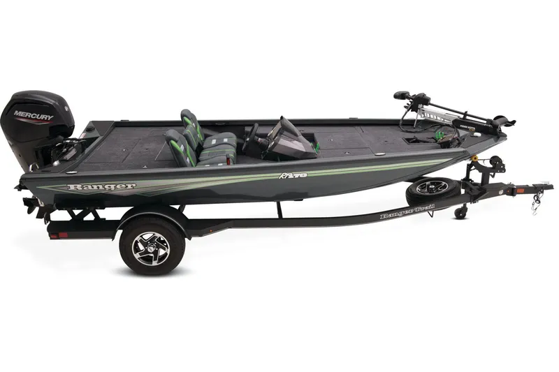 Slide: The Image of 2026 Ranger RT178 boat with Mercury outboard motor in a showroom setting. - 10
