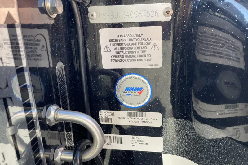 Slide: The Image of 2026 Nitro Z20 XL boat certification and safety instructions on transom. - 100