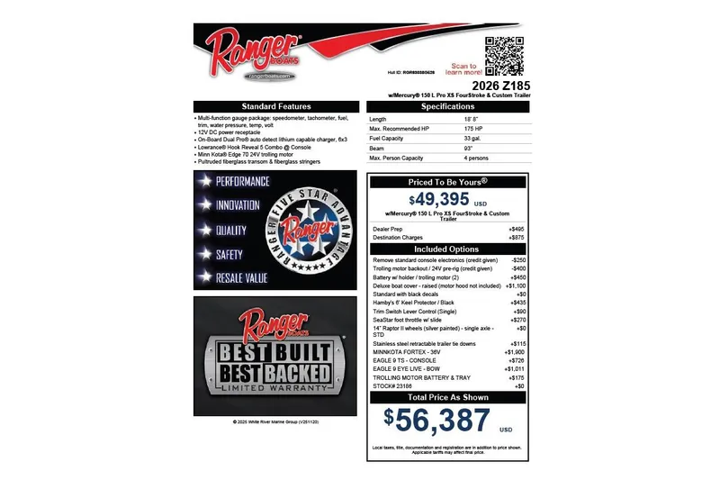 Slide: The Image of 2026 Ranger Z185 boat specifications and pricing details with features and warranty information. - 91