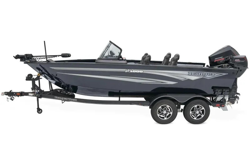 Slide: The Image of Interior of 2026 Ranger VX1888 WT boat with blue and gray seating. - 2