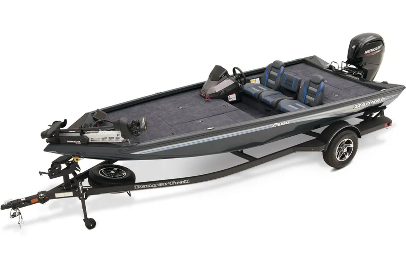 Slide: The Image of 2026 Ranger RT188 boat on trailer at Tracker Boating Center under blue sky. - 1