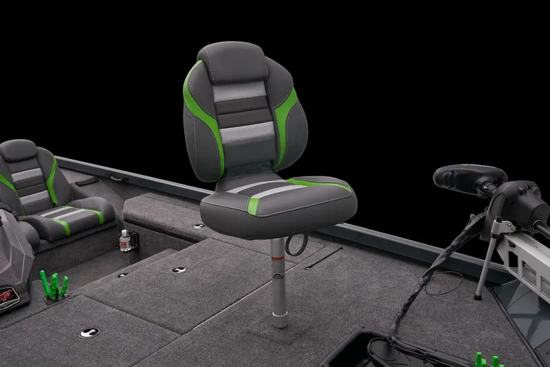 Slide: The Image of 2026 Ranger RT178 boat interior with green-accented seats and fishing equipment. - 29
