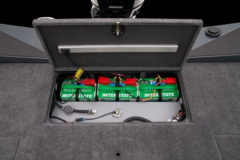 Slide: The Image of 2026 Ranger RT178 boat battery compartment with Interstate batteries and wiring. - 7