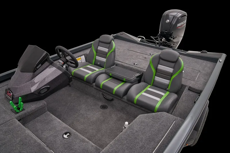 Slide: The Image of 2026 Ranger RT178 boat interior with gray and green seats, steering console, and Mercury engine. - 14