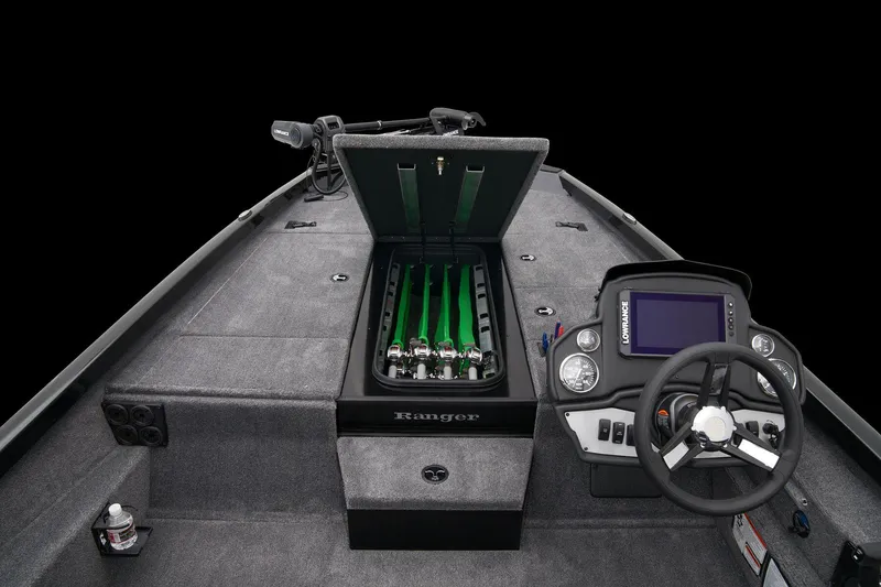 Slide: The Image of 2026 Ranger RT188P boat deck with Minn Kota Maxxum trolling motor and control panel. - 25