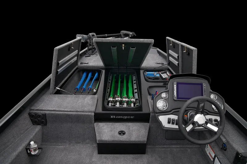 Slide: The Image of 2026 Ranger RT188P boat interior with steering wheel and seating. - 26