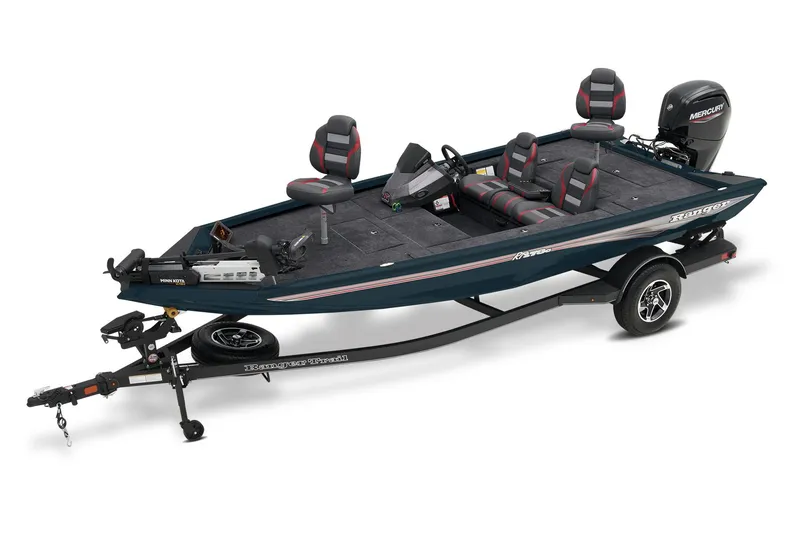 The Image of 2026 Ranger RT178C red fishing boat on trailer, parked indoors. - 0