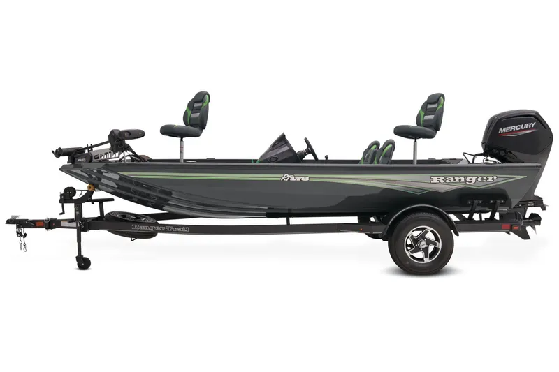 Slide: The Image of 2026 Ranger RT178 boat interior with steering wheel and seating in a parking lot. - 5