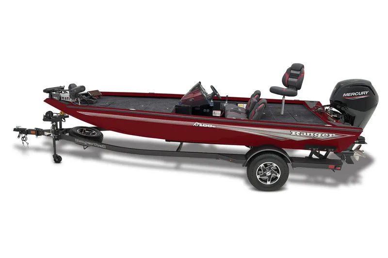 The Image of 2026 Ranger RT188C fishing boat on trailer, parked on concrete surface. - 1