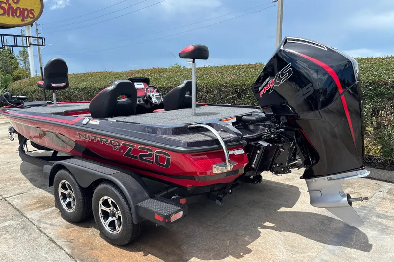 Slide: The Image of 2026 Nitro Z20 XL boat with powerful outboard motor, parked on a trailer. - 2