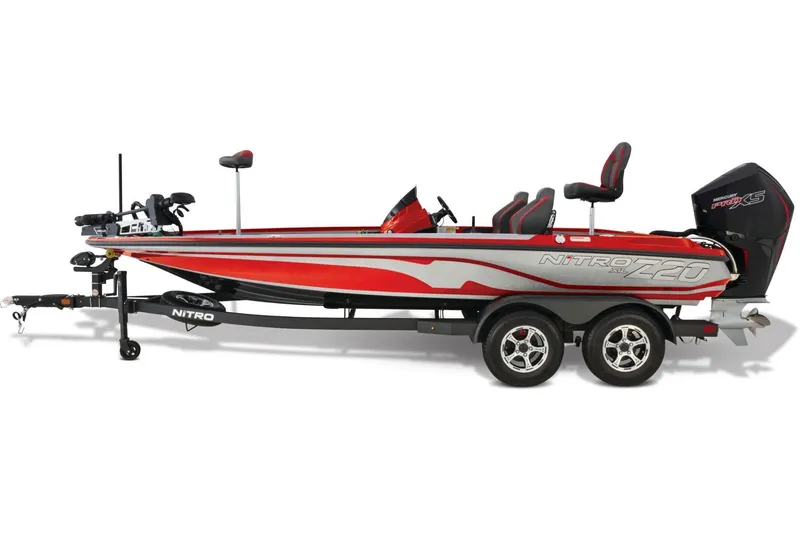 Slide: The Image of 2026 Nitro Z20 XL boat with powerful outboard motor, parked outdoors. - 2