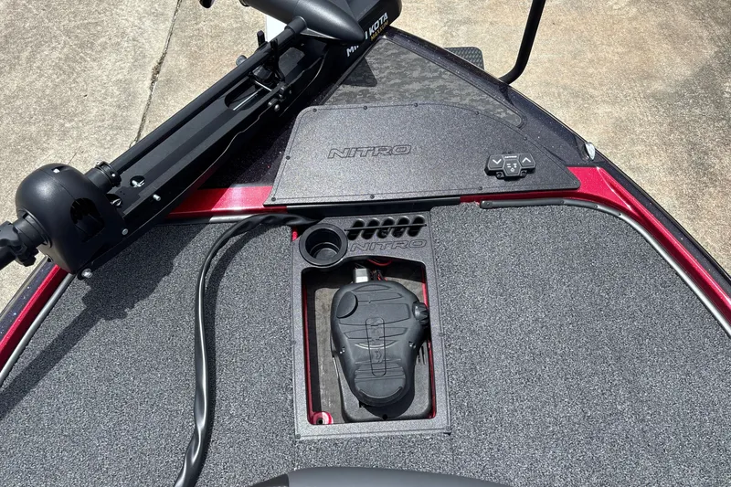 Slide: The Image of 2026 Nitro Z20 XL boat deck with trolling motor and control panel. - 27