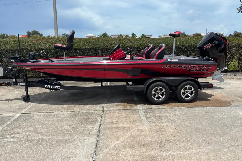 The Image of 2026 Nitro Z20 XL bass boat with sleek red design on a trailer. - 0