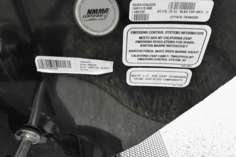 Slide: The Image of 2026 Ranger RT178 emissions control labels, NMMA certified, meets California and U.S. EPA standards. - 11