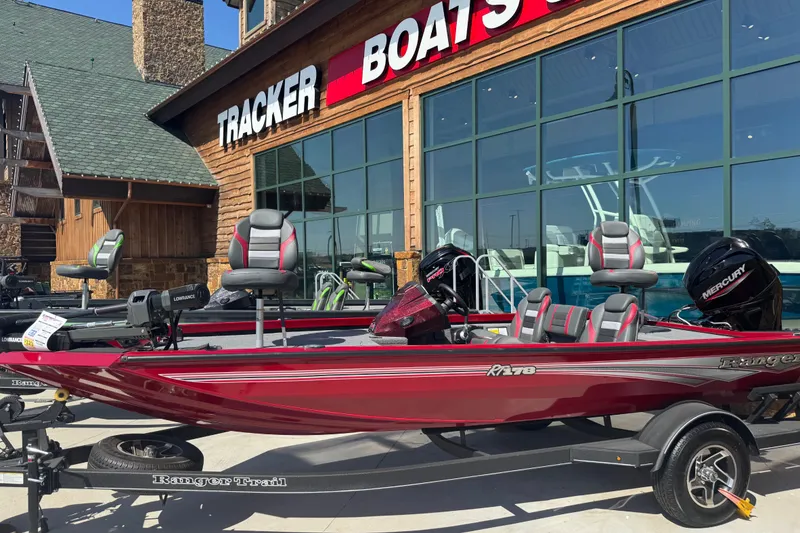 The Image of 2026 Ranger RT178 boat displayed outside Tracker Boats store. - 2