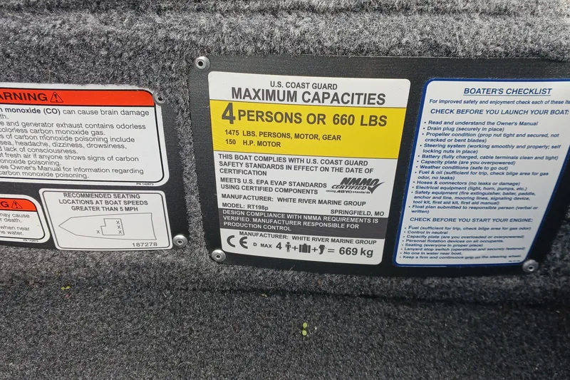Slide: The Image of 2026 Ranger RT198P capacity label showing maximum 4 persons or 660 lbs, safety warnings, and checklist. - 6