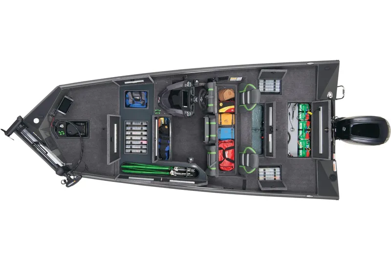 Slide: The Image of 2026 Ranger RT178 boat interior with blue and gray seating, steering console, and carpeted deck. - 8