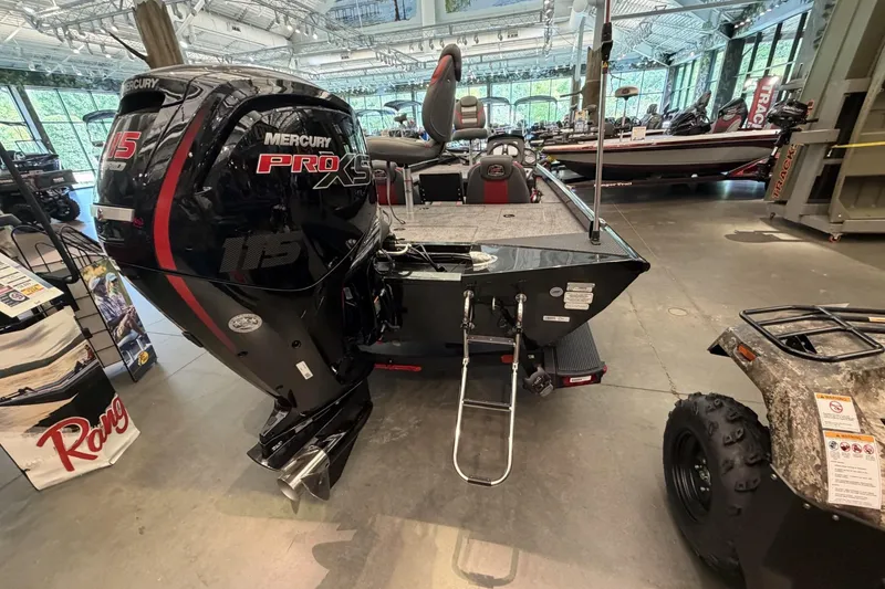Slide: The Image of 2026 Ranger RT188C boat with Mercury Pro XS engine displayed indoors. - 8