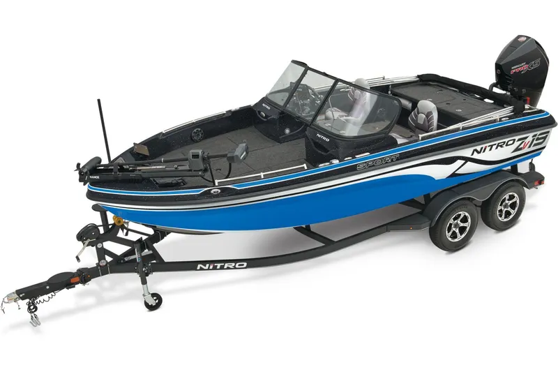 Slide: The Image of 2026 Nitro ZV19 Sport Pro boat, rear view with motor and ladder. - 3