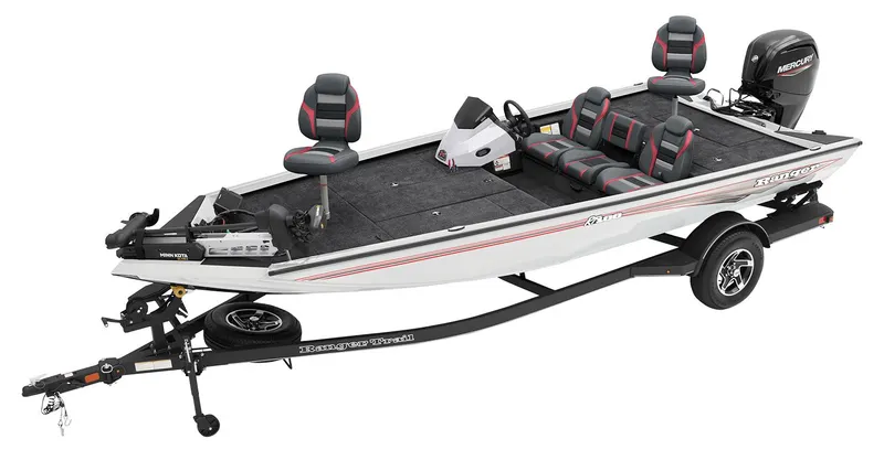 Slide: The Image of 2026 Ranger RT188 boat on trailer, parked outdoors with trees in background. - 95