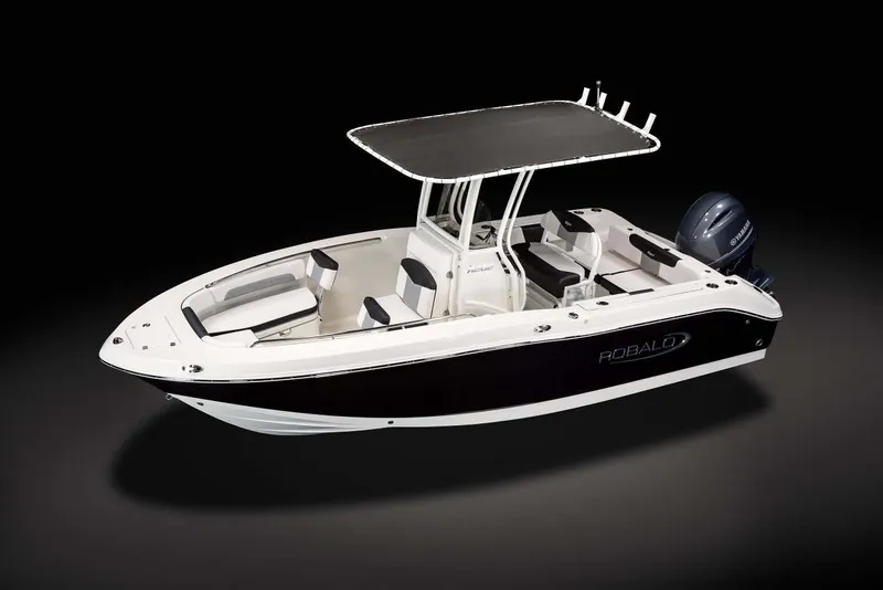 Slide: The Image of Manufacturer Provided Image: 2025 Robalo R202 Explorer boat with sleek design and modern features, displayed on a black background. - 6