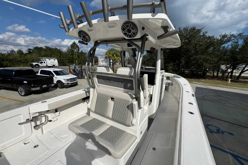 Slide: The Image of 2026 Solace 32 CS boat with sleek design, spacious seating, and modern features. - 45