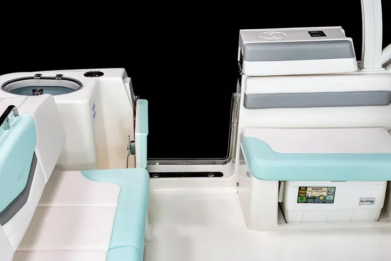 Slide: The Image of Manufacturer Provided Image: 2025 Robalo R317 Dual Console interior with seating and storage features. - 12