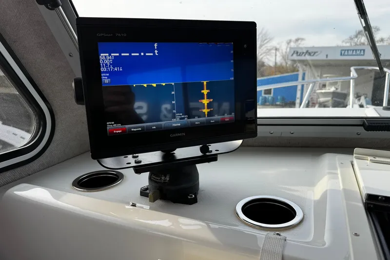Slide: The Image of Garmin GPS display inside 2018 Parker 2520 XLD Sport Cabin boat cockpit. - 20