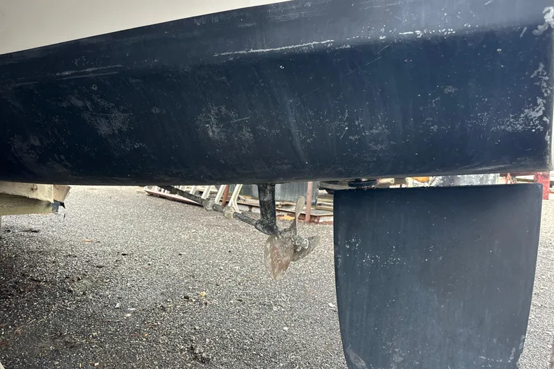 Slide: The Image of 2014 Gemini Legacy 35 catamaran hull and rudder on dry dock. - 12