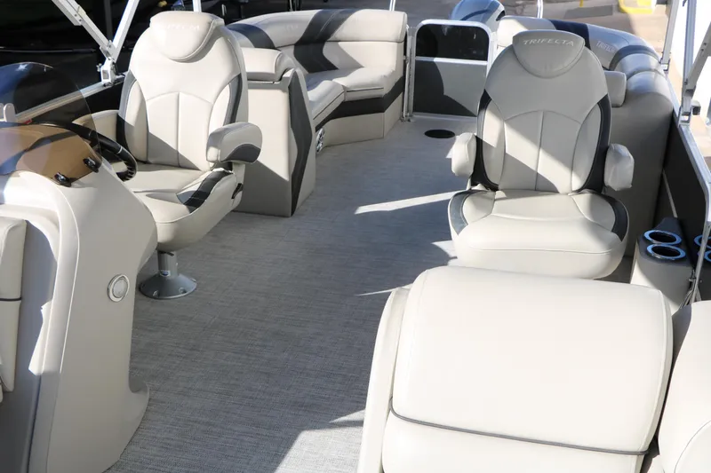 Slide: The Image of 2023 Sylvan Mirage X X3 Party Fish boat interior with luxurious seating and modern design. - 15