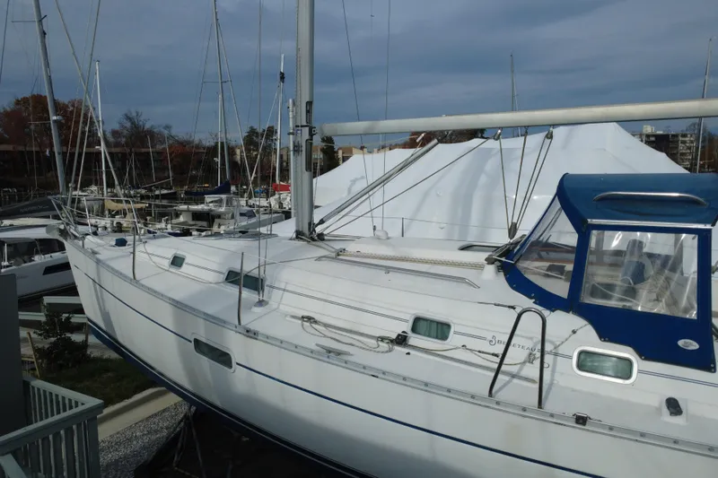 Slide: The Image of 2001 Beneteau Oceanis Clipper 361 sailboat on stands, named "Wruff Life." - 8