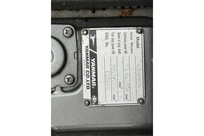 Slide: The Image of Yanmar engine plate on 2008 Ranger Tugs R-25, model 4JH4-HTE, specifications visible. - 14