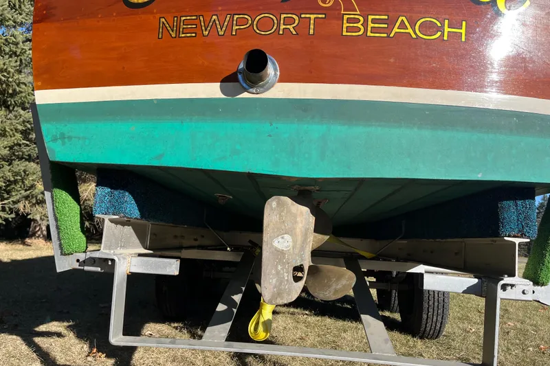 Slide: The Image of Rear view of 1938 Chris-Craft 28 Sportsman boat on trailer, Newport Beach. - 13