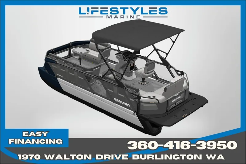 Slide: The Image of 2025 Sea-Doo Switch Cruise 21 boat with canopy, available at Lifestyles Marine, Burlington WA. - 2