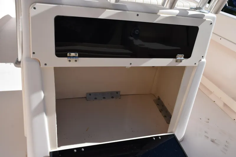 Slide: The Image of Storage compartment on a 2010 Grady-White Fisherman 209 boat, featuring a black hinged door. - 19
