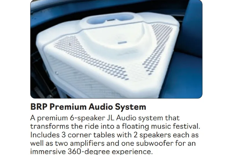 Slide: The Image of 2025 Sea-Doo Switch Cruise Limited 21 with premium BRP audio system and corner tables. - 9