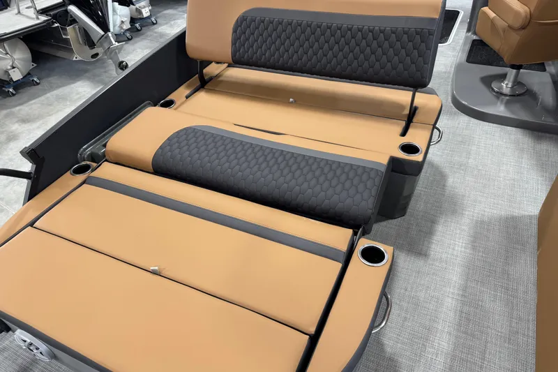 Slide: The Image of 2026 Sylvan L5 DLZ Platinum boat seats with cup holders and quilted design. - 11