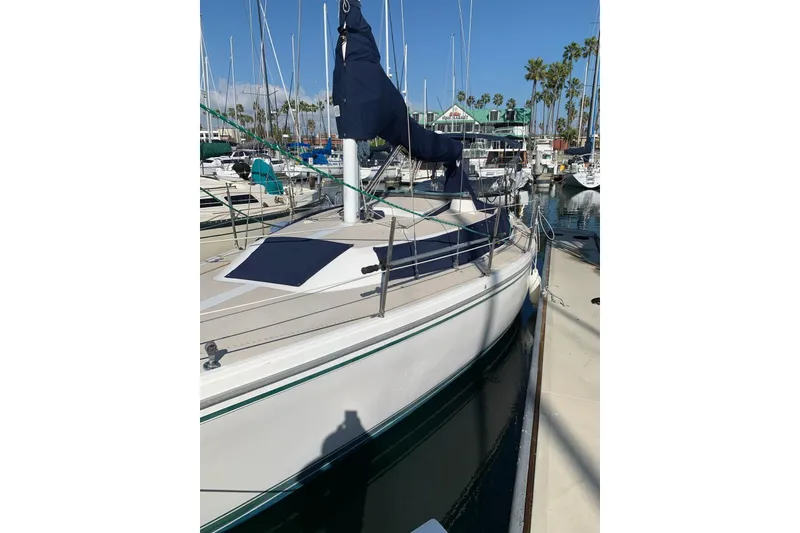 Slide: The Image of 1988 Catalina 30 MkII sailboat docked in marina, sunny day, palm trees in background. - 4