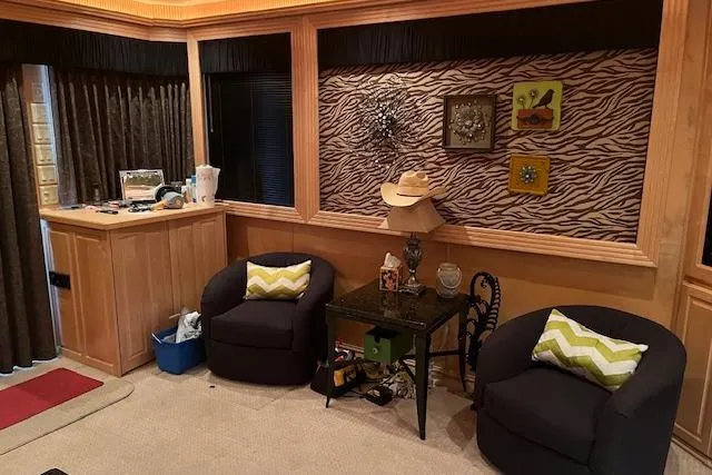 Slide: The Image of Cozy houseboat interior with zebra-patterned wall, armchairs, and decorative accents, Fantasy model 2008. - 11