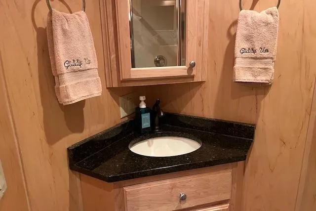 Slide: The Image of Elegant bathroom in 2008 Fantasy Houseboat with wooden cabinetry and black countertop. - 20