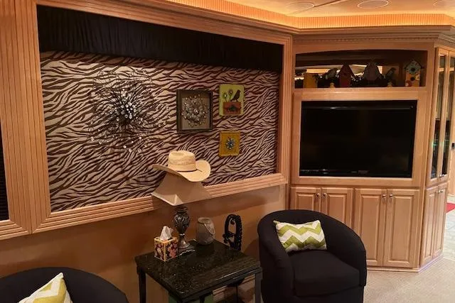 Slide: The Image of Luxurious 2008 Fantasy houseboat interior with zebra-patterned wall, TV, and cozy seating area. - 7