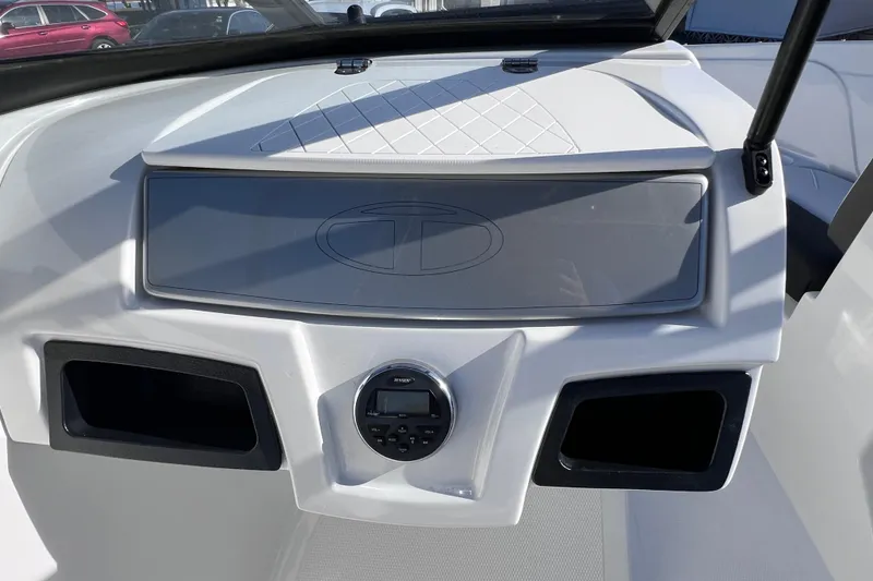 Slide: The Image of Dashboard of a 2019 Tahoe 450 TS boat with stereo system and storage compartments. - 33