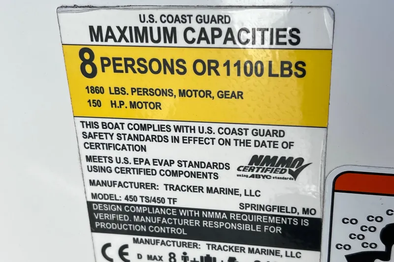 Slide: The Image of 2019 Tahoe 450 TS capacity label: 8 persons, 1100 lbs, 150 HP motor. - 38