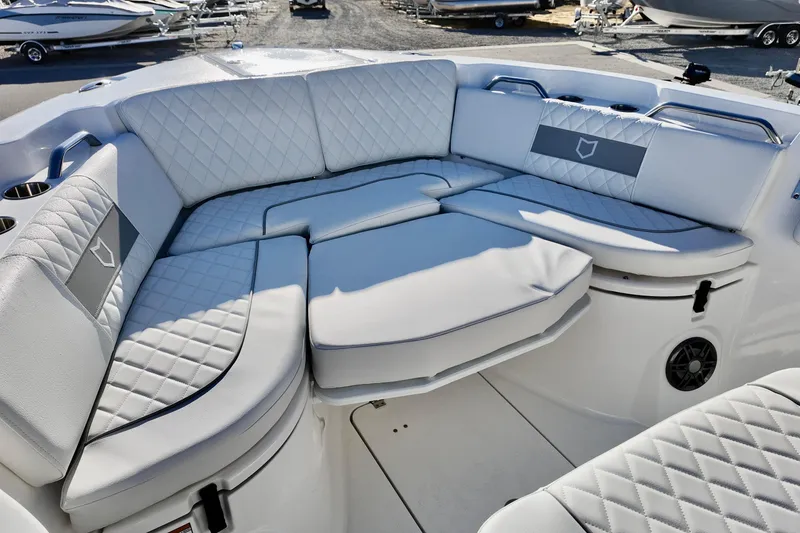 Slide: The Image of Luxurious seating on 2026 Sea Fox 268 Commander boat, featuring quilted upholstery. - 8