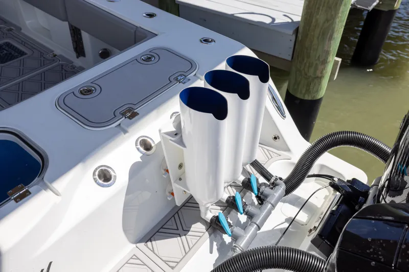 Slide: The Image of 2023 Freeman 47 boat deck with rod holders and utility fittings. - 108