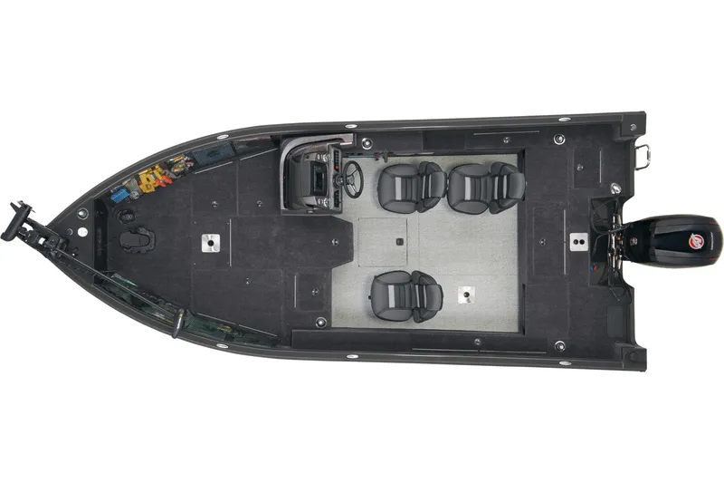 Slide: The Image of 2026 Ranger VS1882SC Reata boat interior with two black seats and gray carpet. - 10