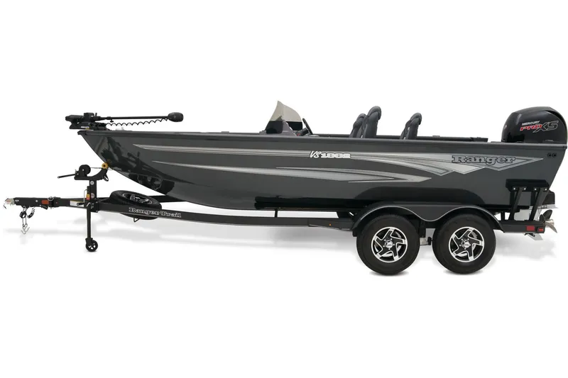 Slide: The Image of 2026 Ranger VS1882SC Reata boat in garage, featuring Mercury Pro XS engine. - 5