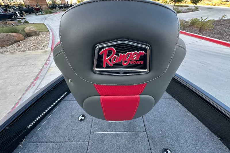 Slide: The Image of 2026 Ranger VS1682SC Angler boat seat with logo, featuring gray and red design. - 10
