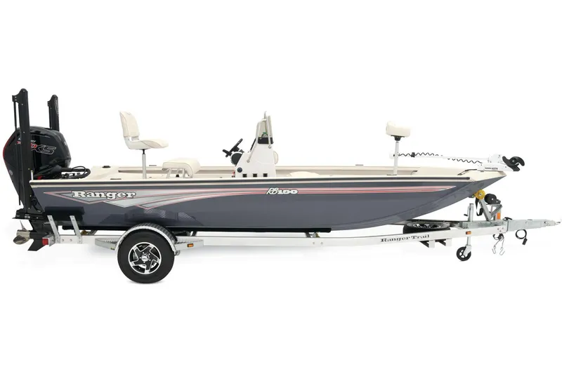 Slide: The Image of 2026 Ranger RB190 boat with powerful outboard motor, parked outside a showroom. - 10
