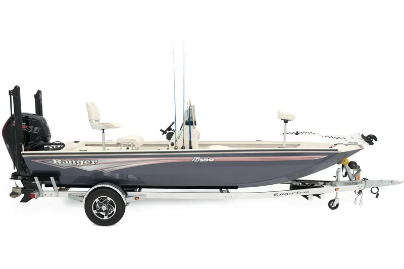 Slide: The Image of 2026 Ranger RB190 boat interior with camouflage seating and trolling motor. - 11
